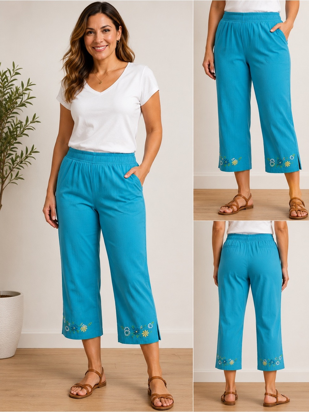 Nikki Turquoise Blue Embroidered Capri Pants Size 10